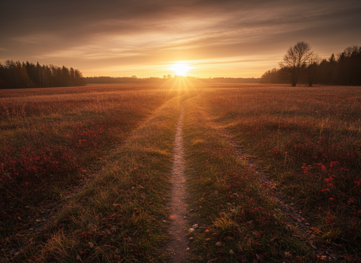 A quiet, reflective photo-realistic scene: soft golden sunlight breaking through clouds over an empty, peaceful field at dusk, a single path leading toward the horizon, autumn atmosphere, warm and hopeful despite the stillness, no people, no text, no gravestones